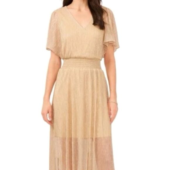 MSK Gold Metallic V-Neck Flutter Sleeve Handkerchief Hem Midi Dress Size XL - Picture 1 of 15